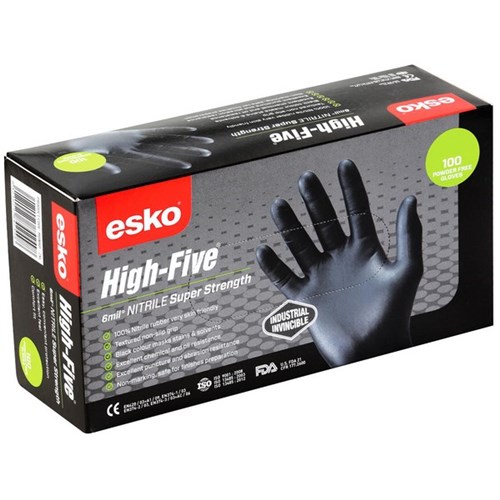Esko High-Five Super Strength Nitrile Gloves Black, Carton of 10 Boxes of 100