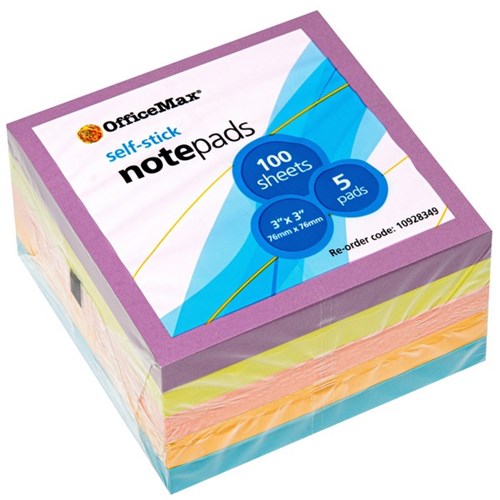 OfficeMax Self-Stick Notes 76x76mm Assorted Bright Colours 100 Sheets, Pack of 5