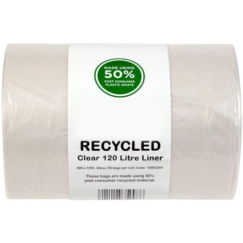 EP Tech Recycled Bin Liner Rubbish Bags 35 Micron 120L Clear, Carton of 300 (6 Rolls of 50)