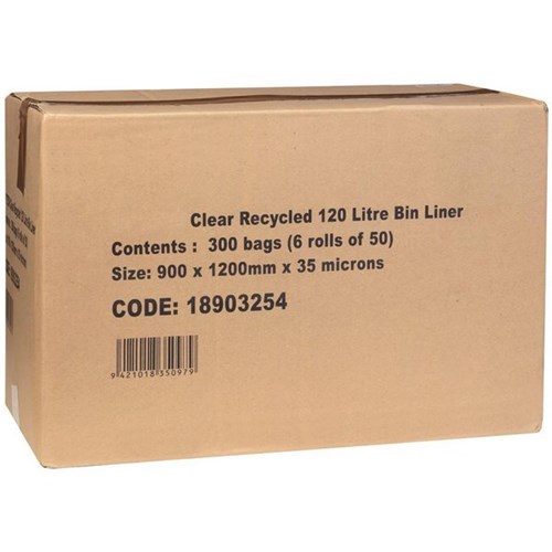 EP Tech Recycled Bin Liner Rubbish Bags 35 Micron 120L Clear, Carton of 300 (6 Rolls of 50)