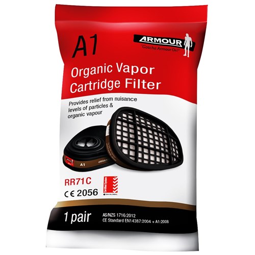 Armour A1 Organic Vapour Mask Respirator Cartridge Filters, Pack of 2