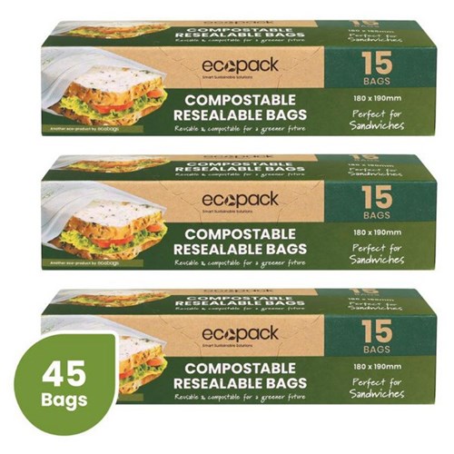 Ecopack Compostable Resealable Sandwich Bags 180x190mm, Set of 3