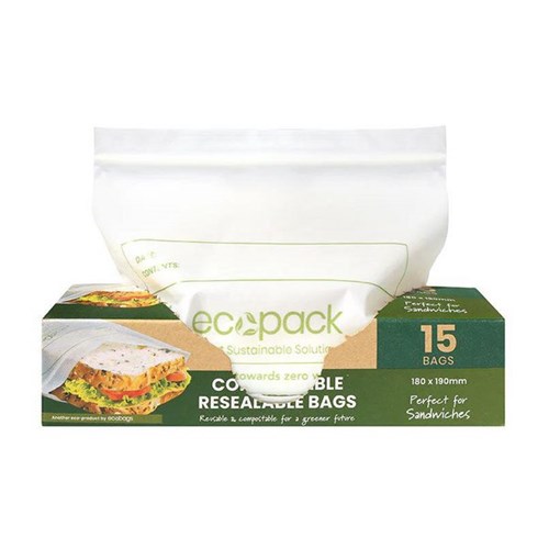 Ecopack Compostable Resealable Sandwich Bags 180x190mm, Set of 3