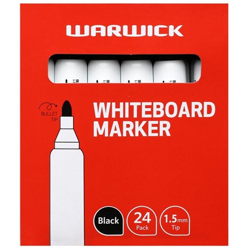 Warwick Black Whiteboard Markers Bullet Tip, Box of 24