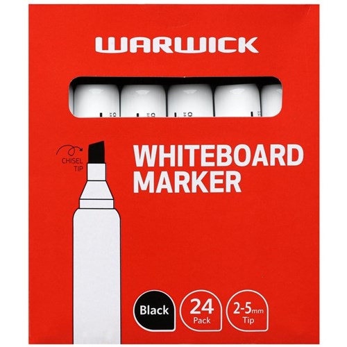 Warwick Black Whiteboard Markers Chisel Tip, Box of 24
