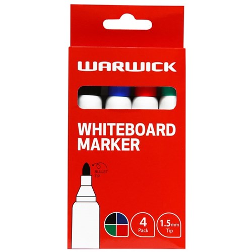 Warwick Whiteboard Markers Bullet Tips Assorted Colours, Pack of 4