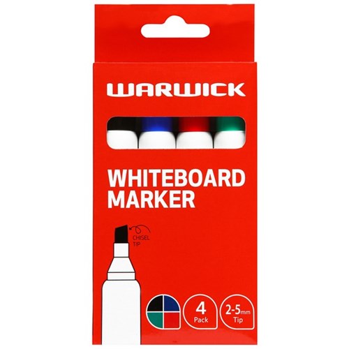 Warwick Whiteboard Markers Chisel Tips Assorted Colours, Pack of 4
