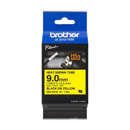Brother Labelling Tape Cassette Heat Shrink HSe-621E 9mm x 1.5m Black on Yellow