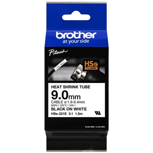 Brother Labelling Tape Cassette Heat Shrink HSe-221E 9mm x 1.5m Black on White