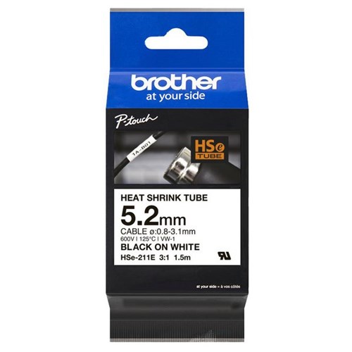 Brother Labelling Tape Cassette Heat Shrink HSe-211E 5.2mm x 1.5m Black on White