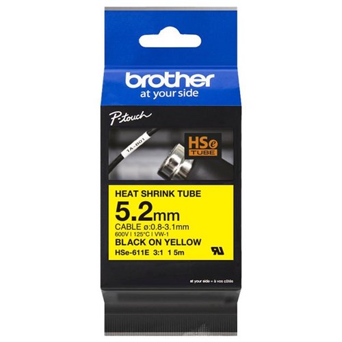 Brother Labelling Tape Cassette Heat Shrink HSe-611E 5.2mm x 1.5m Black on Yellow