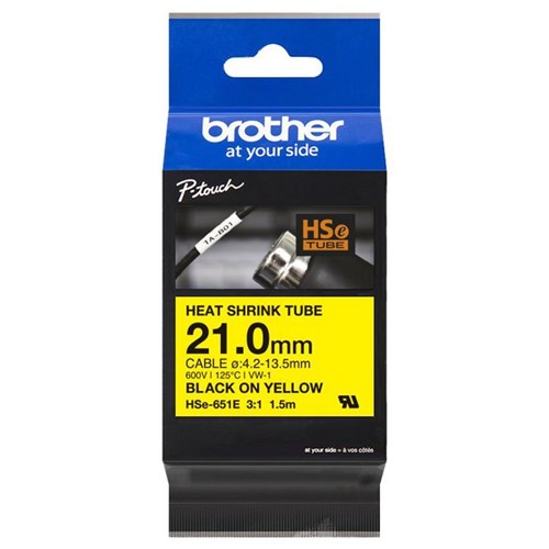 Brother Labelling Tape Cassette Heat Shrink HSe-651E 21mm x 1.5m Black on Yellow