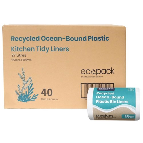 Ecopack Recycled Ocean-Bound Plastic Kitchen Tidy Bin Liners Medium 27L, Carton of 40 Rolls of 50