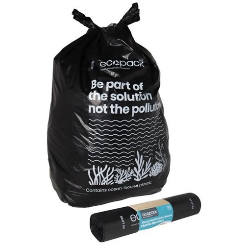 Ecopack Recycled Ocean-Bound Plastic Bin Liners Extra Large 60L Black, Roll of 30