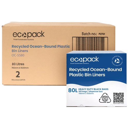 Ecopack Recycled Ocean-Bound Plastic Bin Liners 80L Black, Carton of 2 Boxes of 100