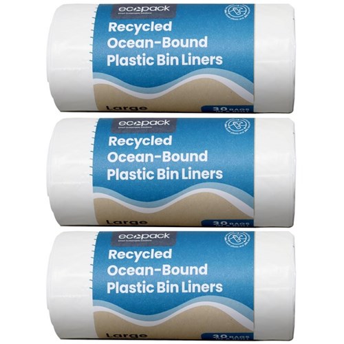 Ecopack Recycled Ocean-Bound Plastic Bin Liners Large 36L White, Carton of 3 Rolls of 30