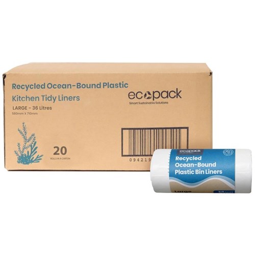 Ecopack Recycled Ocean-Bound Plastic Bin Liners Large 36L White, Carton of 20 Rolls of 30