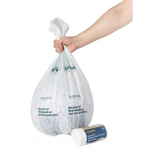 Ecopack Recycled Ocean-Bound Plastic Bin Liners Large 36L White, Carton of 20 Rolls of 30