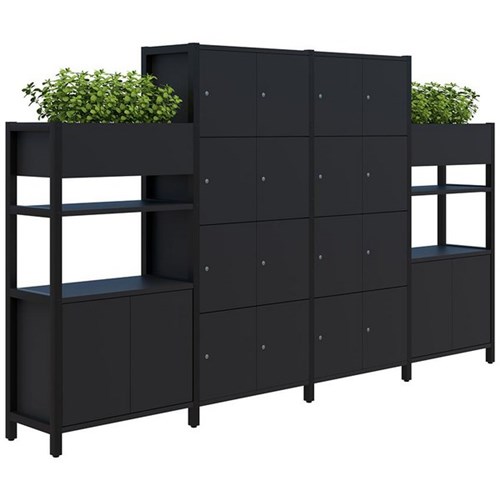 Grid 40 Keyed Locking 16 Door Locker/Planter Display Wall 3400x1500/1890mm Black/Black