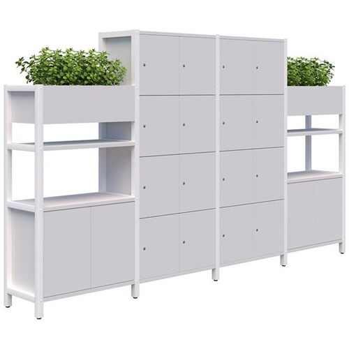 Grid 40 Keyed Locking 16 Door Locker/Planter Display Wall 3400x1500/1890mm Snow Velvet/White