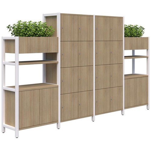 Grid 40 Keyed Locking 16 Door Locker/Planter Display Wall 3400x1500/1890mm Classic Oak/White