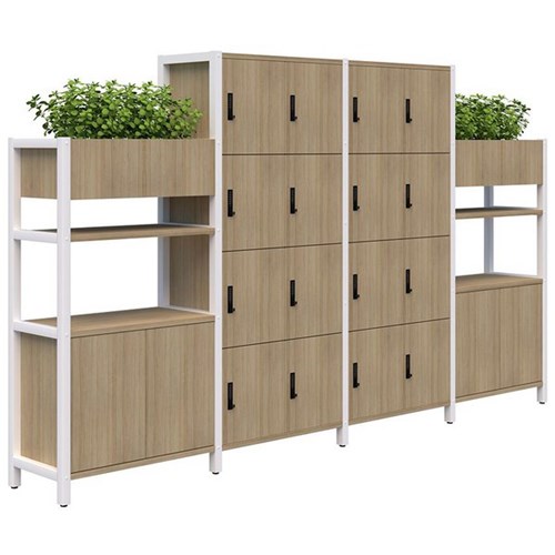 Grid 40 Digital Locking 16 Door Locker/Planter Display Wall 3400x400x1500/1890mm Classic Oak/White