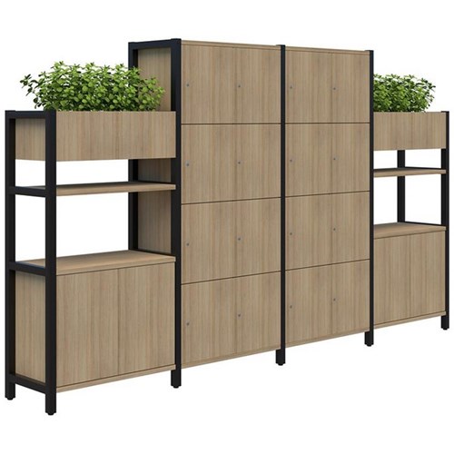 Grid 40 Keyed Locking 16 Door Locker/Planter Display Wall 3400x1500/1890mm Classic Oak/Black