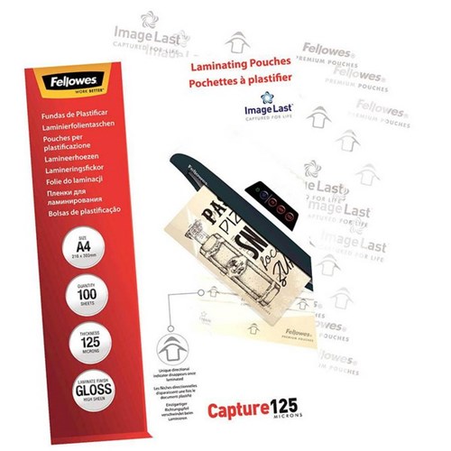 Fellowes A4 Laminating Pouches Gloss 125 Micron, Pack of 100