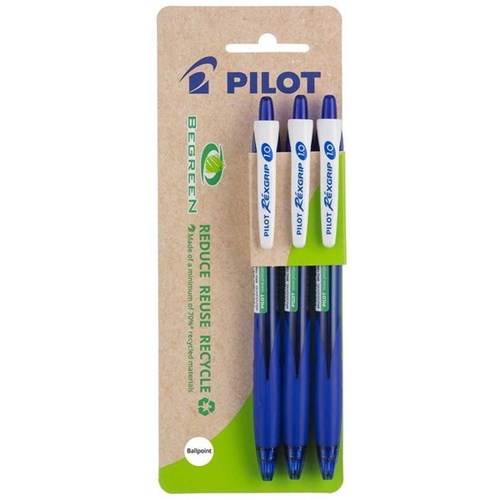 Pilot BeGreen Rexgrip Blue Retractable Ballpoint 1.0mm Medium Tip, Pack of 3