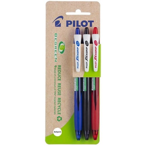 Pilot BeGreen Rexgrip Assorted Colours Retractable Ballpoint 1.0mm Medium Tip, Pack of 3