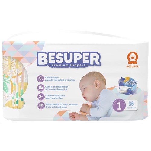 BeSuper Premium Nappies Disposable Size 1, Carton of 6 Packs of 36