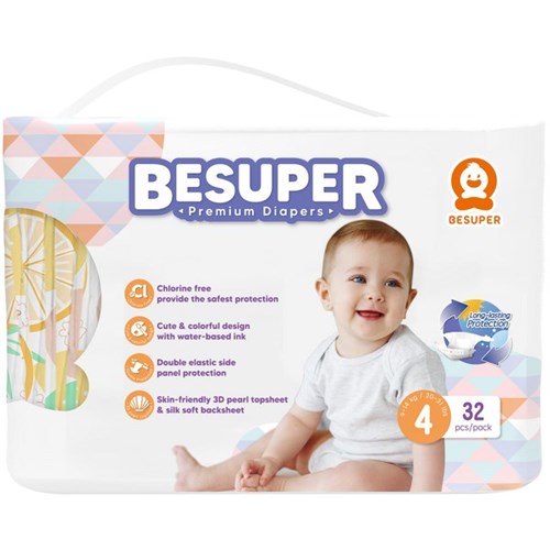 BeSuper Premium Nappies Disposable Size 4, Carton of 6 Packs of 32