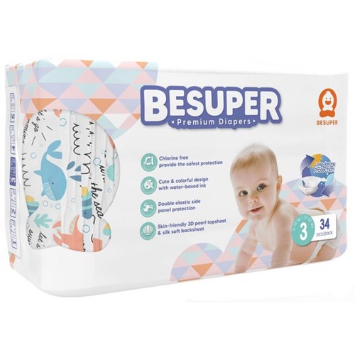 BeSuper Premium Nappies Disposable Size 3, Carton of 6 Packs of 34