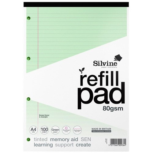 Silvine A4 Tinted Refill Pad 8mm Lined 50 Leaves/100 Pages Green