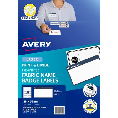 Avery My Name Is Laser Labels L7428 White Fabric 10 Per Sheet