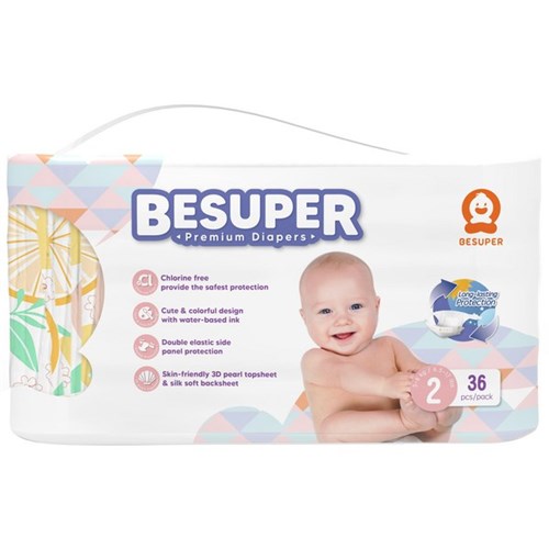 BeSuper Premium Nappies Disposable Size 2, Carton of 6 Packs of 36