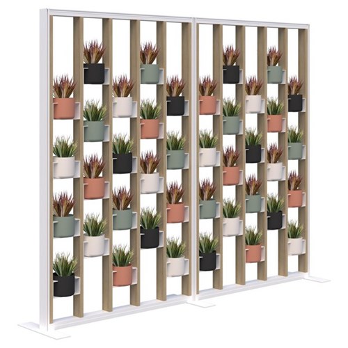 Connect Freestanding Plant Wall With Artificial Plants Soft Round Pots 2400x1890mm Classic Oak/White