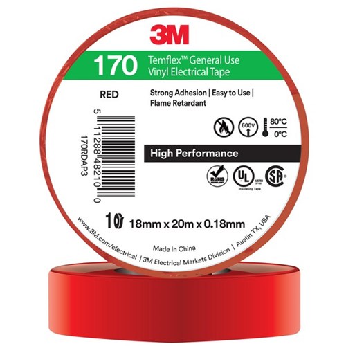 3M™ Temflex™ 170 Vinyl Electrical Tape 18mm x 20m Red