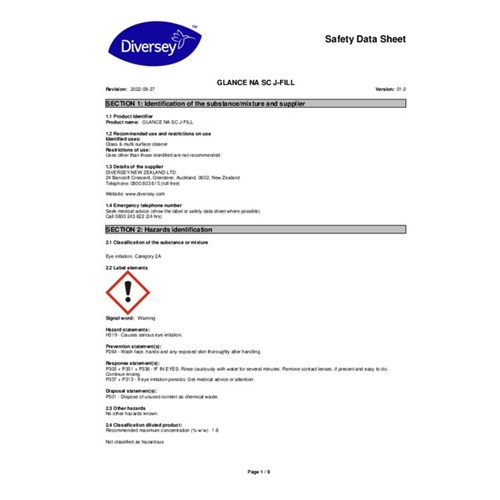 Diversey Glance NA Glass & Multi Surface SC J-FILL Cleaner