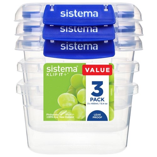 Sistema Klip It Plus Plastic Food Containers Rectangular 400ml, Pack of 3