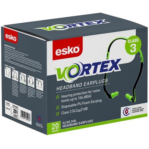 Esko Vortex Headband Class 3 Earplugs Fluoro Green/Black, Box of 20 Pairs