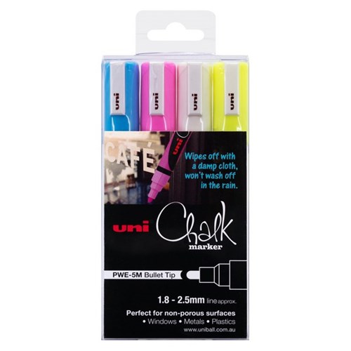 Uni Chalk Marker Bullet Tip 1.8-2.5mm Assorted Colours, Pack of 4