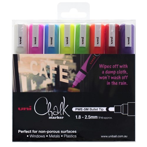 Uni Chalk Marker Bullet Tip 1.8-2.5mm Assorted Colours, Pack of 8