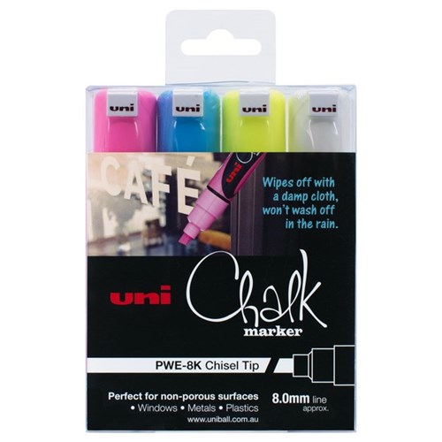 Uni Chalk Marker Chisel Tip 8mm Assorted Colours, Pack of 4