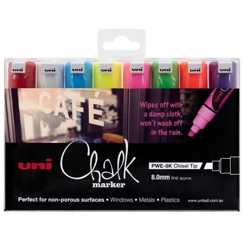 Uni Chalk Marker Chisel Tip 8mm Assorted Colours, Pack of 8