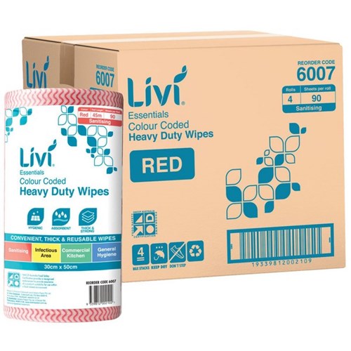 Livi Essentials Heavy Duty Wipes Red 300x500mm, Carton of 4 Rolls