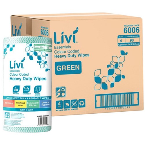 Livi Essentials Heavy Duty Wipes Green 300x500mm, Carton of 4 Rolls