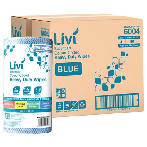 Livi Essentials Heavy Duty Wipes Blue 300x500mm, Carton of 4 Rolls