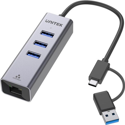 UNITEK 4-in-1 Ethernet Hub With 2-in-1 Connectors (USB-C & USB-A) Space Grey
