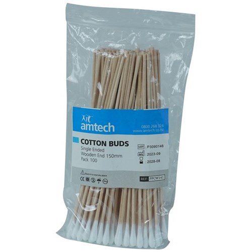 Amtech Single Ended Cotton Buds Wooden Stem 150mm, Pack 100